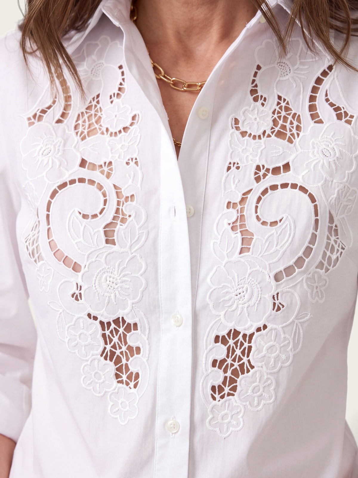 Camille shirt side view showing fit and drape
