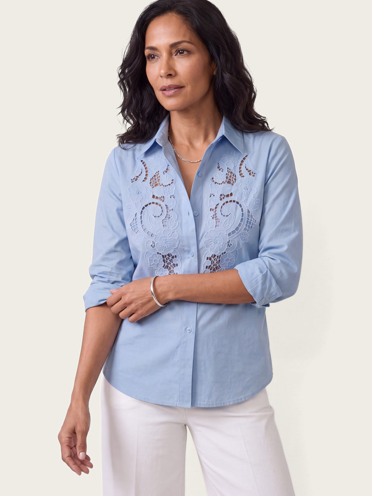 Close-up of fabric and detailing on the Camille shirt
