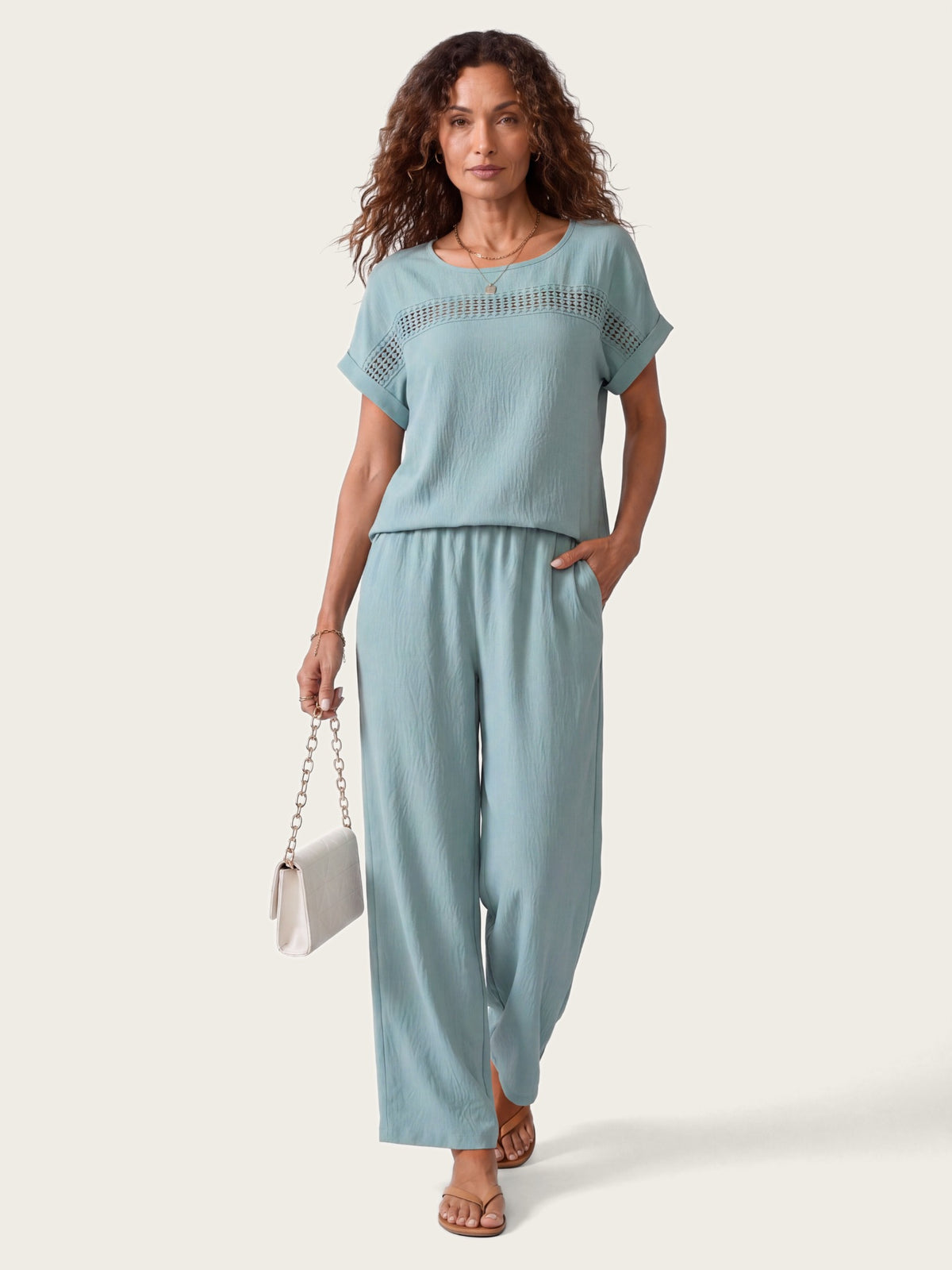 Ibiza Crochet-Trim Co-Ord Set – Top & Wide-Leg Trousers – LIRAE LONDON
