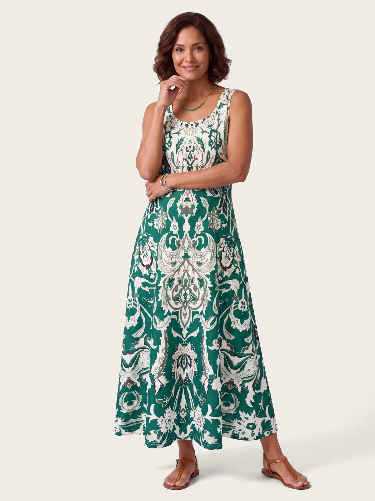 Lisbon maxi dress side view showing fit and drape