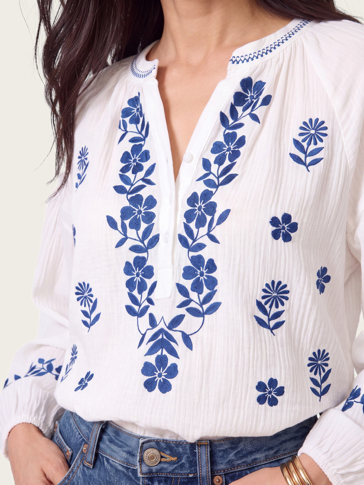 Provence blouse side view showing fit and drape