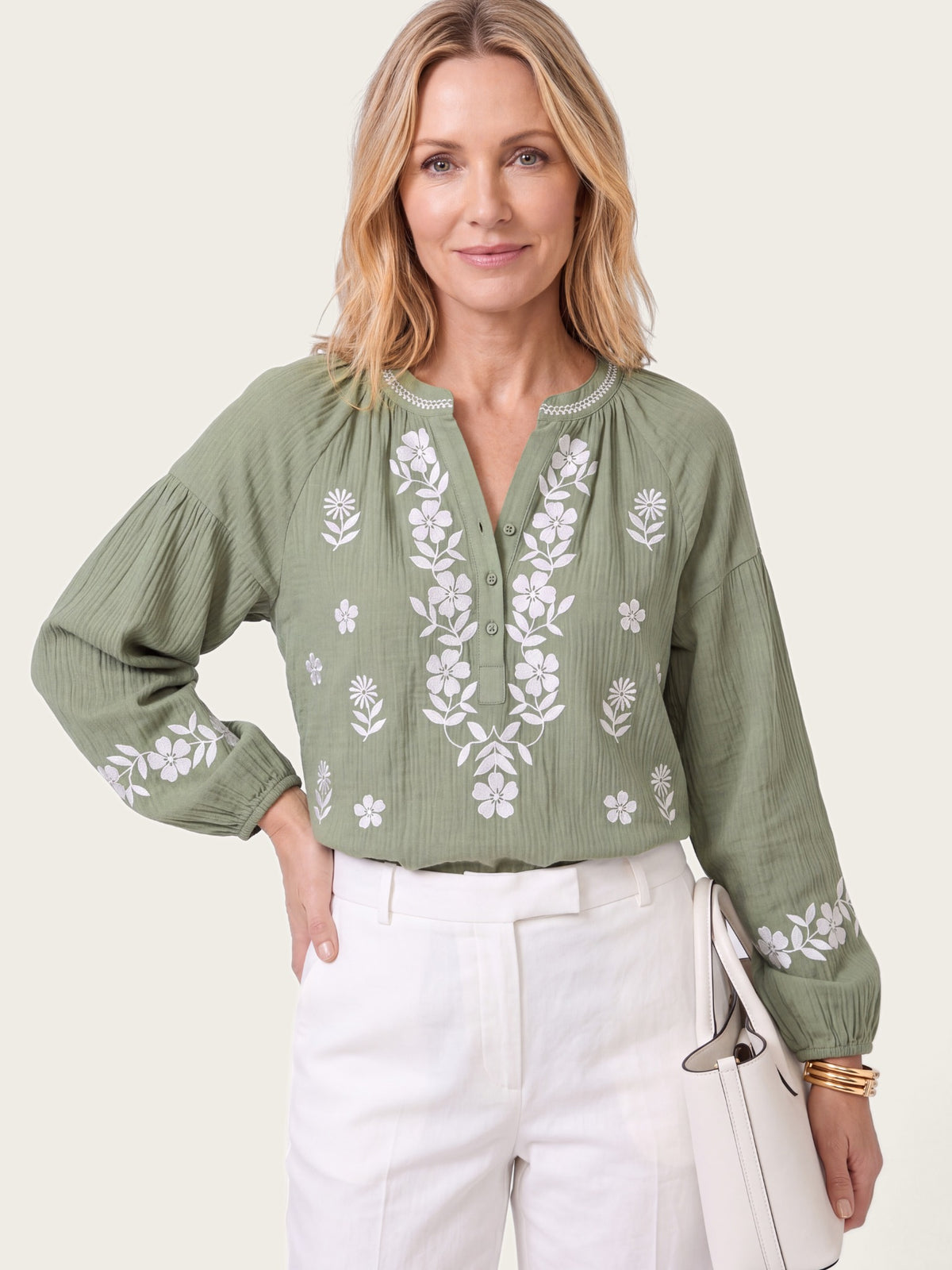 Close-up of fabric and detailing on the Provence blouse